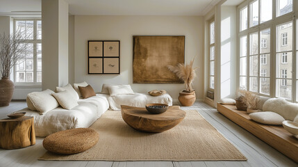 A minimalist living room, bathed in natural light, showcasing a warm, earthy aesthetic with simple lines and natural materials define the space.