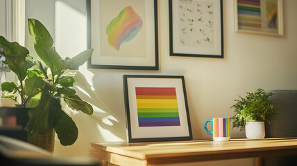 A cozy office corner decorated with framed art featuring LGBTQ pride colors, a plant, and a rainbow mug on the table. Ai generated