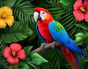Fototapeta premium A gorgeous, vividly colored parrot sitting on a branch amidst a lively jungle adorned with blossoms.