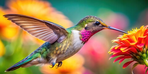 Fototapeta premium A tiny hummingbird sips nectar from a flower. Close-up view.