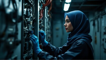 Female Engineer in Hijab Inspecting Electrical Panel with Focus and Expertise