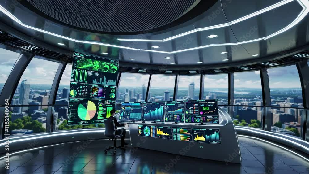 Leinwandbilder high-tech command center with advanced data displays overlooking a city skyline