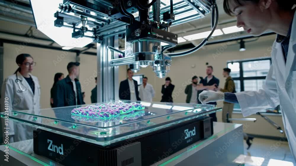 Aufkleber innovative 3d printing technology demonstration in a laboratory setting by researchers and experts