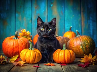 A vintage Halloween postcard: black cat, pumpkins,  spooky charm.