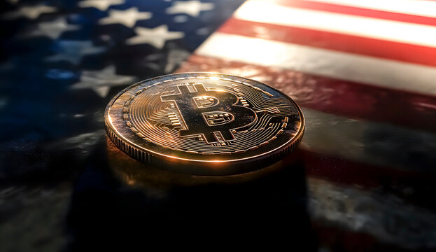 A bitcoin coin with the U.S. flag in the background. Cryptocurrencies. Federal Reserve.