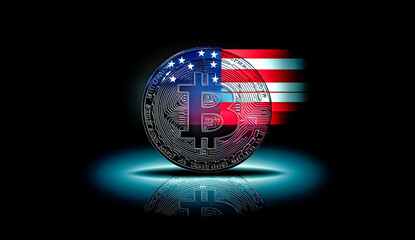 A bitcoin coin with the U.S. flag in the background. Cryptocurrencies. Federal Reserve.