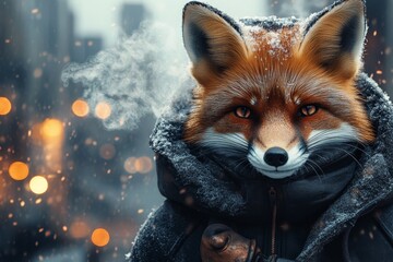 Fototapeta premium Hilarious animals. Zoo pet health. Happy cute baby animal fox in winter warm clothes, cold breath from nose and mouth in chilly air. Winter pet shelter. Animal rights ads. Wild animal projec.