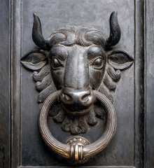 old metal door knocker, doorbell, bull's head