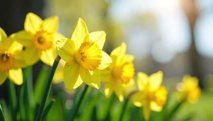 Petals of yellow daffodils sway gently in the spring breeze, sunlight, blossoms, daffodil