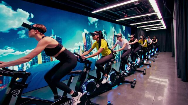 Virtual cycling experience in a futuristic studio with immersive visuals and technology