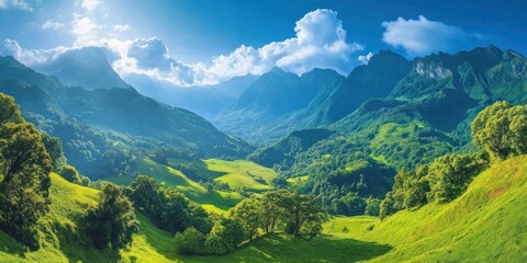 Obraz premium Majestic lush green valley with trees and colorful grass against high mountains in asturias in spain. beautiful view landscape with tree sky
