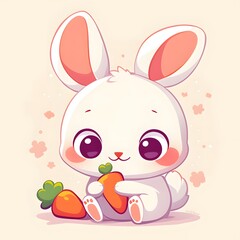 2D cartoon illustration of a fluffy rabbit holding a carrot on a clean plain background
