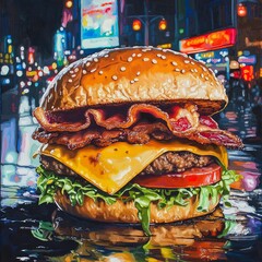 Juicy Cheeseburger with Bacon, Lettuce, and Tomato in Vibrant Night Cityscape - Mouthwatering Food hyper-realistic painting with Reflective Urban Background and Neon Lights. American cousine