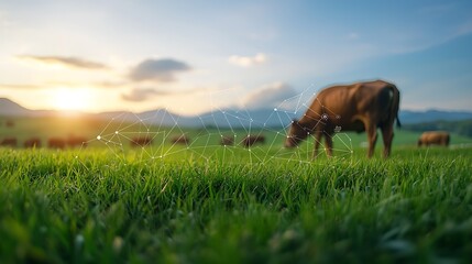Majestic brown horse grazing peacefully in a lush green meadow surrounded by rolling hills and mountains at sunset  The warm golden light casts a serene tranquil atmosphere over the idyllic