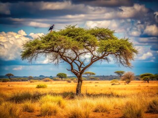 Obraz premium Abstract Kenya safari scene: Tsavo East. Tree, bird. Minimalist style.