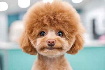 Adorable Poodle with Fluffy Hair and Bright Blue Eyes, Perfect for Pet Lovers and Animal Enthusiasts in a Cheerful Indoor Setting.