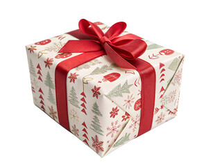 White gift box with red ribbon and bow isolated on white background. Present box for Christmas or New Year