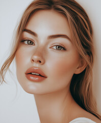 Fototapeta premium Beautiful woman on white background in beauty portrait with soft lighting and glossy lips