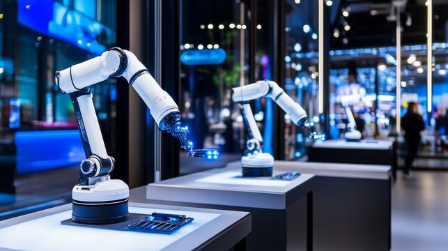 Robotic Automation Showcase: Flexible Solutions - Innovative robotic arms demonstrate adaptability, precision, and efficiency in modern industrial settings.  Future of work, automation, technology, in