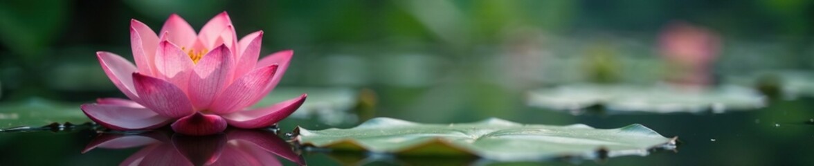 Fototapeta premium Pink lotus flower gently swaying in soft breeze on tranquil pond surface, pond, flowers