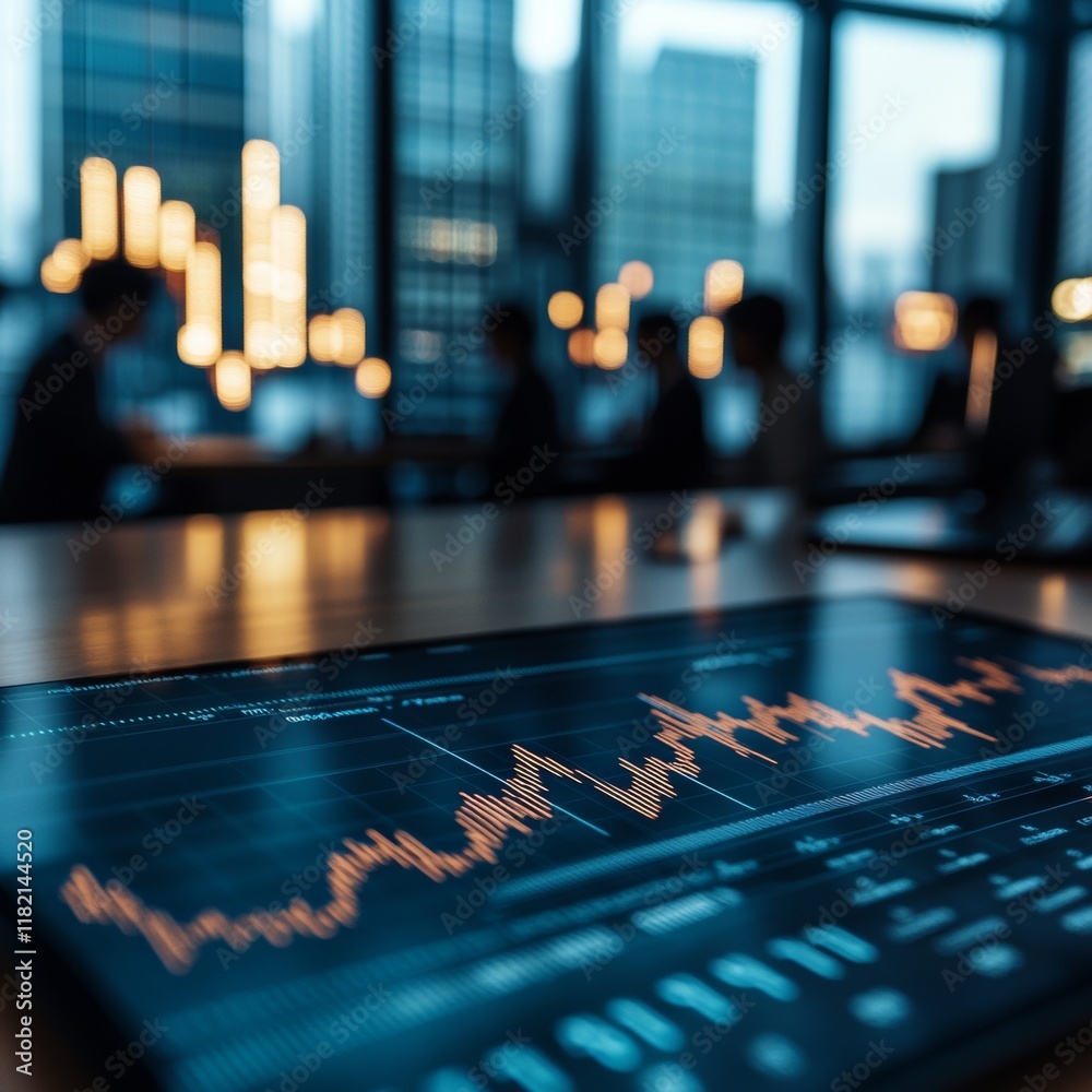 Poster Dynamic Stock Market Analysis with Graph Overlays and Professional Collaboration in Modern Office Setting