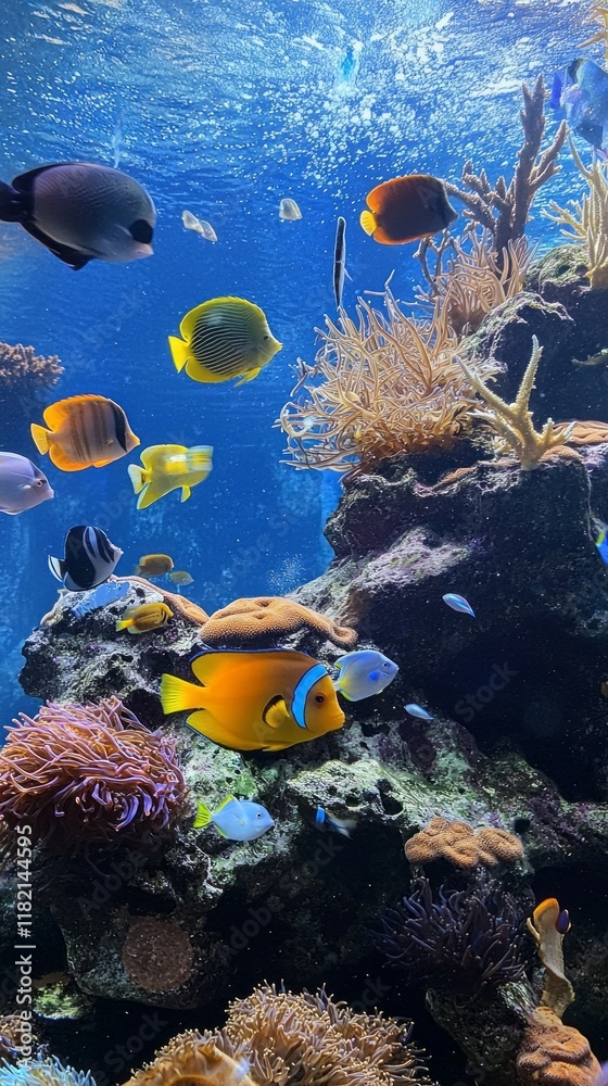 Poster A lively underwater scene showcases a diverse array of fish and coral. Vibrant colors and unique species create a captivating view of marine biodiversity around rocky formations