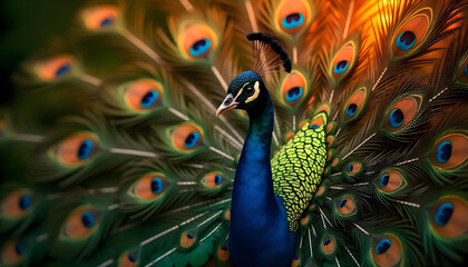 A collection of vibrant peacock feathers arranged in a circular pattern, displaying intricate eye patterns with shimmering red and gold hues, bright sunlight illuminating the colors © MinimalSevenDesigns