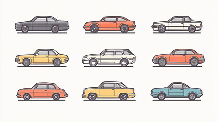 Linear style vector illustration of a set of car icons