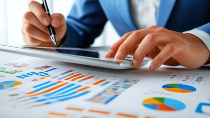 Business Professional Analyzing Financial Data on Digital Tablet with Charts and Graphs in Modern Office Setting
