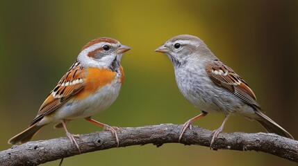 Fototapeta premium A house sparrow (Passer domesticus) and a robin (Erithacus rubecula) sit on a branch, engaging in a natural garden scene