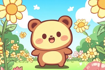 Cute teddy bear character surrounded by vibrant flowers in a cheerful landscape