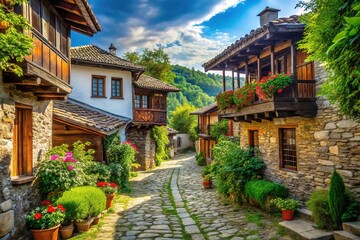Obraz premium AI-captured candid charm: rustic Bulgarian village homes in scenic splendor.
