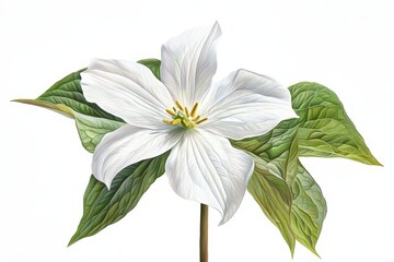 Artistic Depiction of Wildflower Trillium with Delicate Petals and Green Leaves