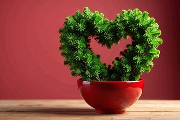 Pruned conifer branches forming a heart shape inside a red ceramic container, heart-shaped, decorative centerpiece