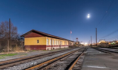 Naklejka premium Night Train Station, Urban Decay, Moonlit Tracks