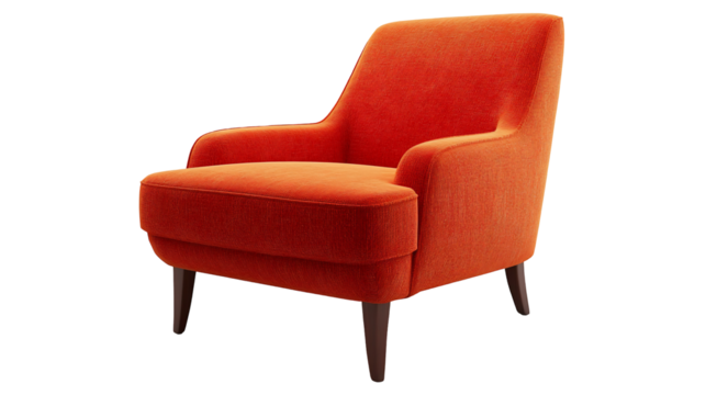 A plush, burnt orange chair with dark brown legs