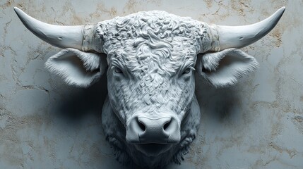 A white cow head with horns is displayed on a wall