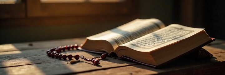 Obraz premium Quran and Rosary on a Wooden Table with Soft Lighting, Faith, Pray, Solitude