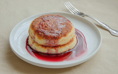 cottage cheese pancakes with cherry syrup