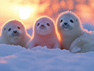 A whimsical dynamic scene unfolds as a group of mischievous seals lounge and play on a vast, pristine expanse of glistening ivory-toned ice