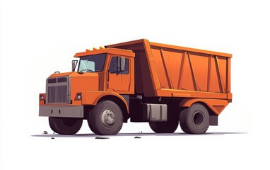 Vector illustration of a cartoon orange garbage truck, flat style, with a white background. Simple design with volumetric and cinematic lighting, suitable for a children's book cover and web banner. 