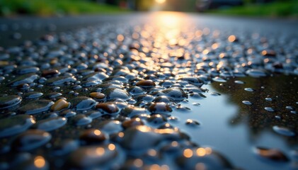 Fototapeta premium Rainy road surface with small pebbles and stones on wet ground, stones, droplets