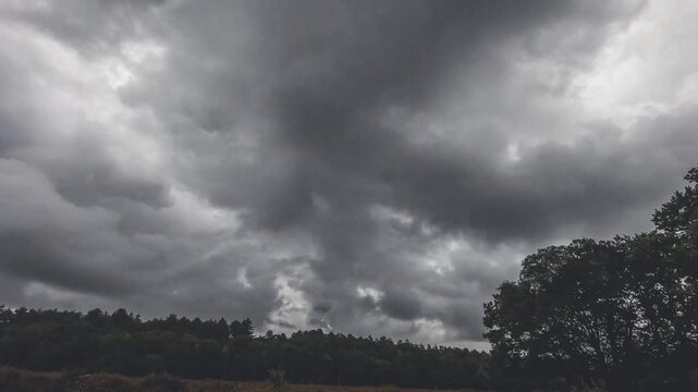 Time-lapse footage of the dense clouds moving over a field with green vegetation during daytime