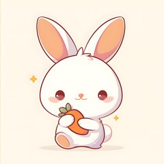 2D cartoon illustration of a fluffy rabbit holding a carrot on a clean plain background