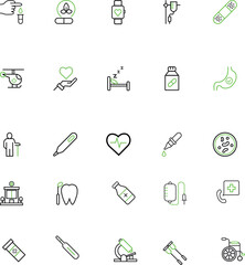 A clean and professional medical icon set with stethoscopes, X-rays, bacteria, and vaccines. Ideal for digital health projects.