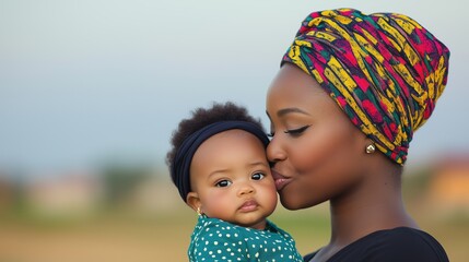 Mother Kissing Baby Girl in Outdoor Portrait with Colorful Headwrap and Polka Dot Dress Depicting Tenderness and Bonding in Sunny Day, Capturing Love and Family Connection