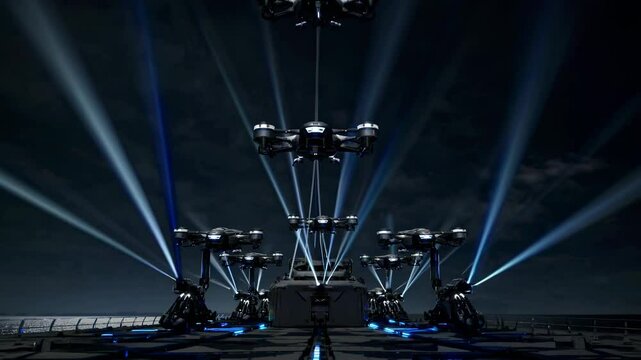 Stunning light display featuring drones performing synchronized choreography over the ocean at night