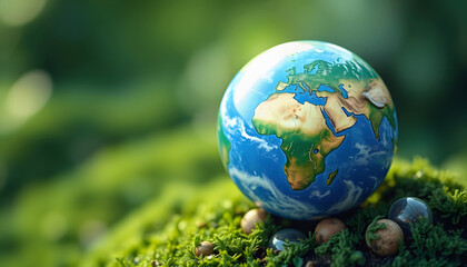 Miniature of planet Earth, concept of conservation and preservation of the environment, earth day and environment day, green background, 8k unreal engine photorealism, with white tones