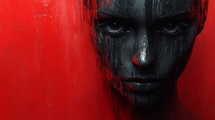 A woman's face is shown in a black and red background