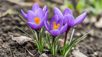 Fototapeta premium Beautiful Purple Crocus Flowers Blooming in Fresh Garden Soil in Springtime Sunshine